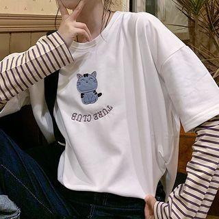 Mock Two-piece Striped-sleeve Embroidered T-shirt