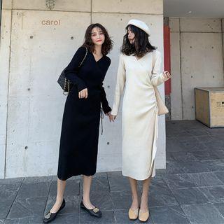 V-neck Slit Knit Midi Dress