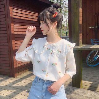 Floral Peter Pan Collar Elbow Sleeve Top