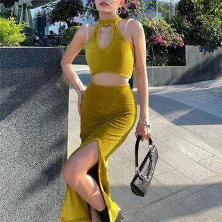 Set: Cutout Crop Tank Top + Slit Midi Pencil Skirt