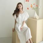 Cape-sleeve Lace-trim Tie-waist Dress