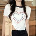 Short-sleeve Lettering Heart T-shirt White - One Size
