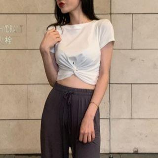 Short-sleeve Knotted Crop T-shirt / Wide Leg Pants