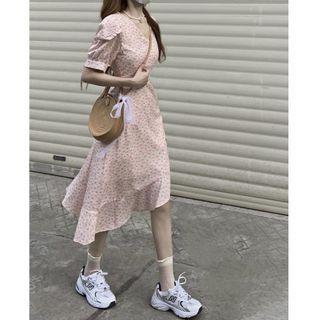 Short-sleeve Floral Asymmetcal Dress Floral - Pink & White - One Size