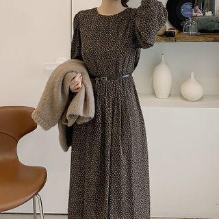 Plain Cardigan / Long-sleeve Floral Print Midi A-line Dress / Set