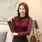 Lace Panel Long-sleeve Tie-neck Top