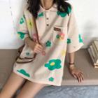 Loose-fit Flower-print Knit Polo Shirt Almond - One Size