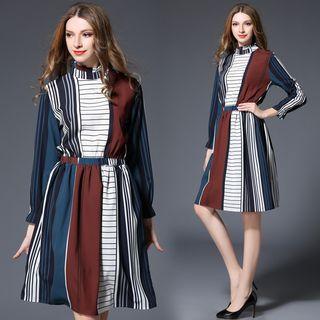 Long-sleeved Color-block Crewneck Chiffon Striped A-line Slim Sheath Dress