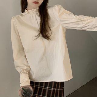 Long-sleeve Frill Trim Blouse Blouse - Almond - One Size