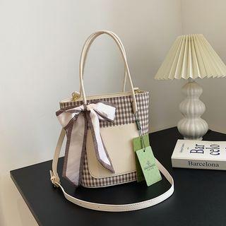 Gingham Faux Leather Bucket Bag Khaki - One Size