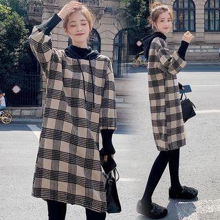 Plaid Hooded Long-sleeve Shift Dress