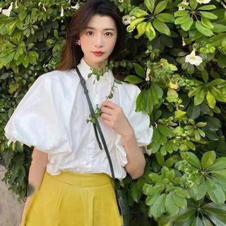 Set: Bubble Sleeve Cropped Shirt + High Waist A-line Skirt