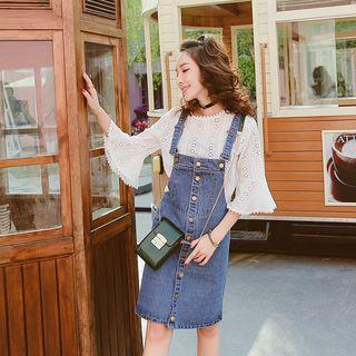 Set: Bell-sleeve Top + Denim Pinafore