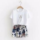 Set: Short-sleeve Embroidered Rabbit T-shirt + Floral A-line Mini Skirt Set - T-shirt - White - One Size / Mini Skirt - Floral - One Size
