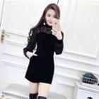 Set: Long-sleeve Sheer Top + Spaghetti Strap Velvet Playsuit