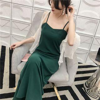 Spaghetti-strap Slit Midi Dress / Elbow-sleeve Light Jacket