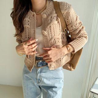 Crewneck Openwork Cardigan Beige - One Size