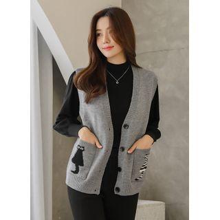 Sleeveless Cat-patterned Cardigan