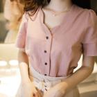 Scallop-neckline Contrast-button Short-sleeve Blouse