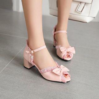 Ruffled Peep-toe Ankle-strap Chunky-heel Pumps