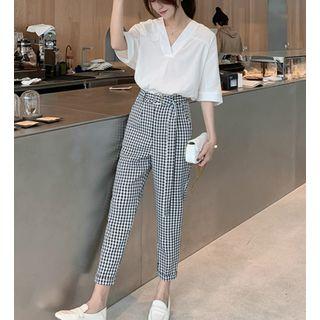 Elbow-sleeve V-neck Top / Plaid Slim Fit Pants