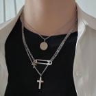 Cross Safety Pin Pendant Layered Stainless Steel Necklace Silver - One Size