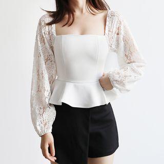 Lace Panel Square Neck Long-sleeve Blouse
