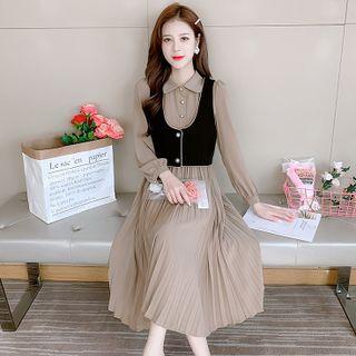 Set: Accordion-pleat Midi A-line Shirtdress + Button Vest