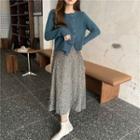 Cable Knit Cardigan / Floral Printed Midi A-line Skirt