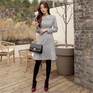 Asymmetric-neckline Plaid Dress