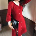 Long-sleeve Button-up Knit A-line Dress Red - One Size