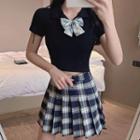 Cropped Polo Shirt / Plaid Pleated Mini A-line Skirt / Set