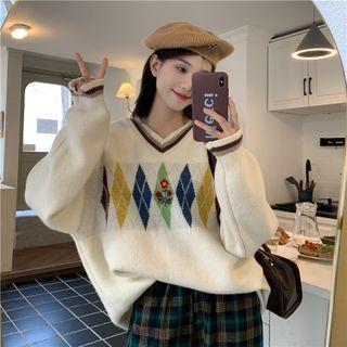 Argyle Sweater / Plaid Straight Leg Pants