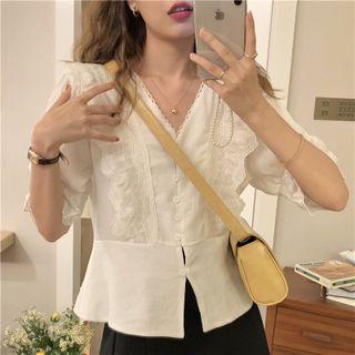 V-neck Plain Lace Trim Blouse