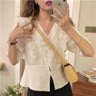 V-neck Plain Lace Trim Blouse