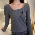 Asymmetric Square-neck Long-sleeve Ribbed Top Gray - One Size