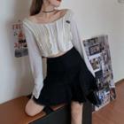 Long-sleeve Plain Knit Top / Lace Layer Mini Skirt