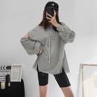 Cutout-sleeve Loose-fit Hooded Sweatshirt Gray - One Size