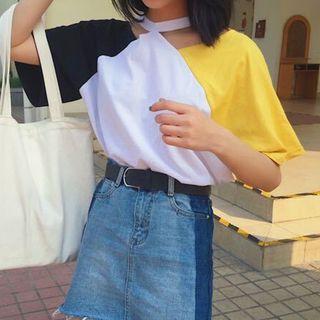 Short-sleeve Color Block Cut Out T-shirt