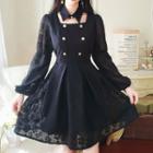 Polo Collar Puff-sleeve Lace A-line Dress