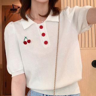 Short-sleeve Cherry Print Knit Polo Shirt