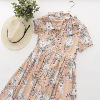 Floral Print Pleated Trim Short Sleeve Chiffon Dress