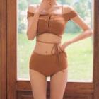 Set: Off-shoulder Lace-up Ribbed Bikini + Striped Cover-up Skirt