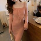 Cold-shoulder Knit Midi Bodycon Dress Pink - One Size