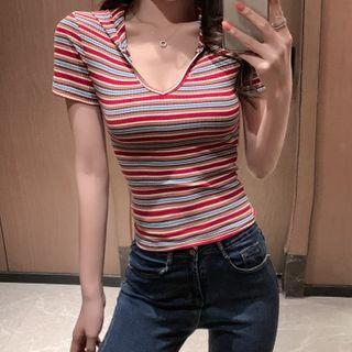 Short-sleeve Striped Hooded Ribbed T-shirt