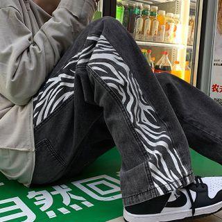 Zebra Print Paneled Wide Leg Jeans