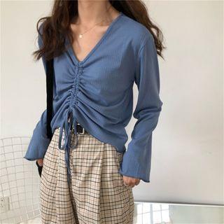 Long-sleeve V-neck Drawstring Cropped Top
