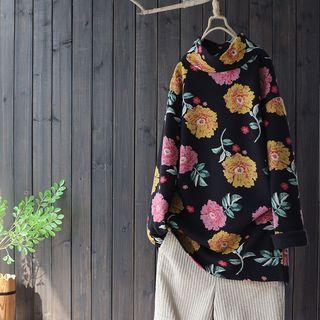 Mock Neck Floral Print Top Black - One Size