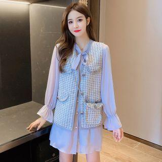 Bell-sleeve Mini A-line Dress / Single-breasted Tweed Vest / Set