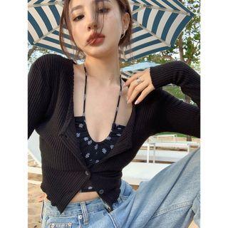Plain Slim-fit Light Cardigan / Sleeveless Floral Print Cropped Halter Top